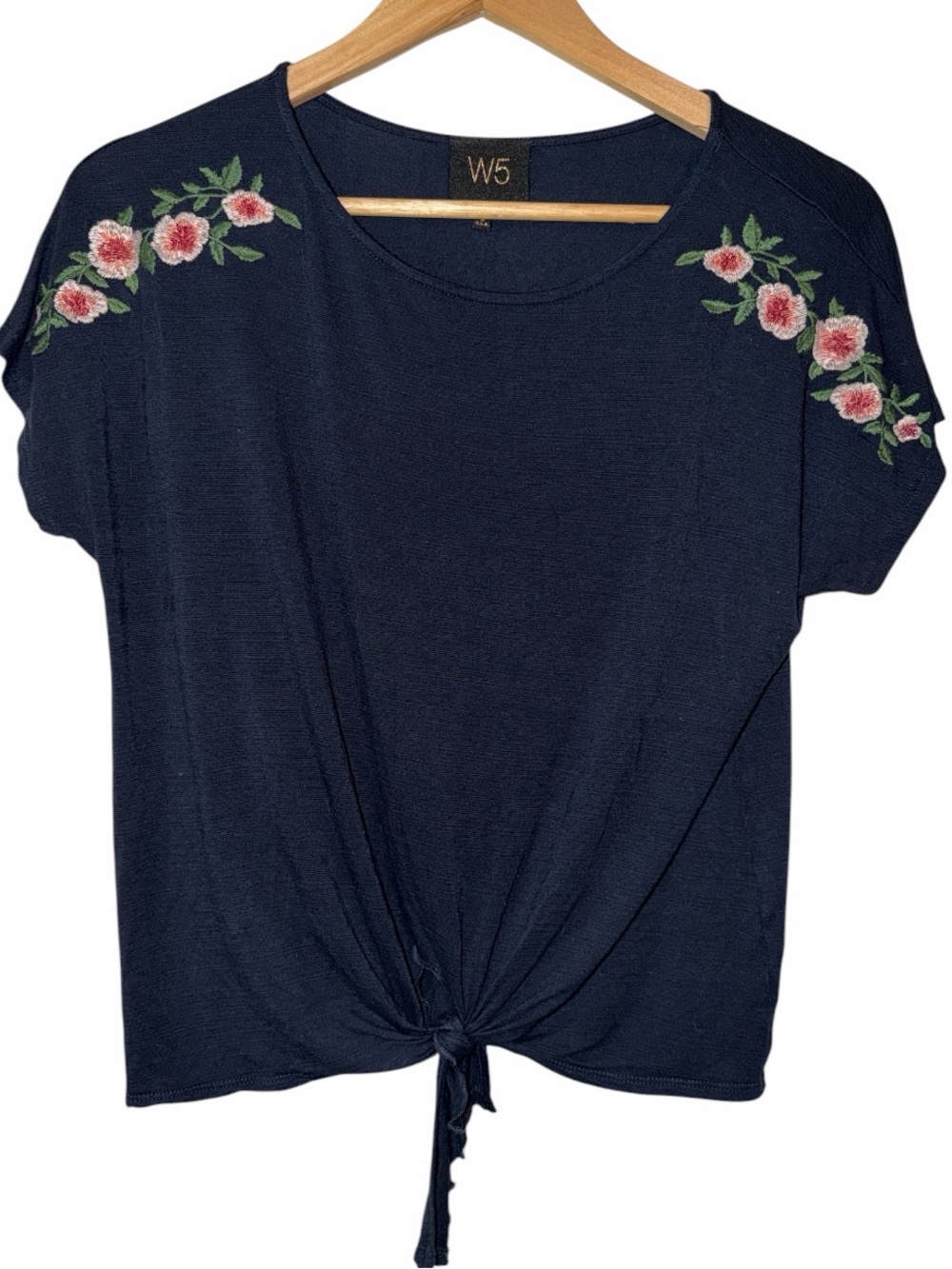 W5 Anthropologie Short Sleeve Top Floral Embroidery Tie Front Hem Women’s Small